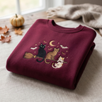Three Cats Riding Witch Broom Crescent Moon Bats Halloween Embroidered Sweatshirt