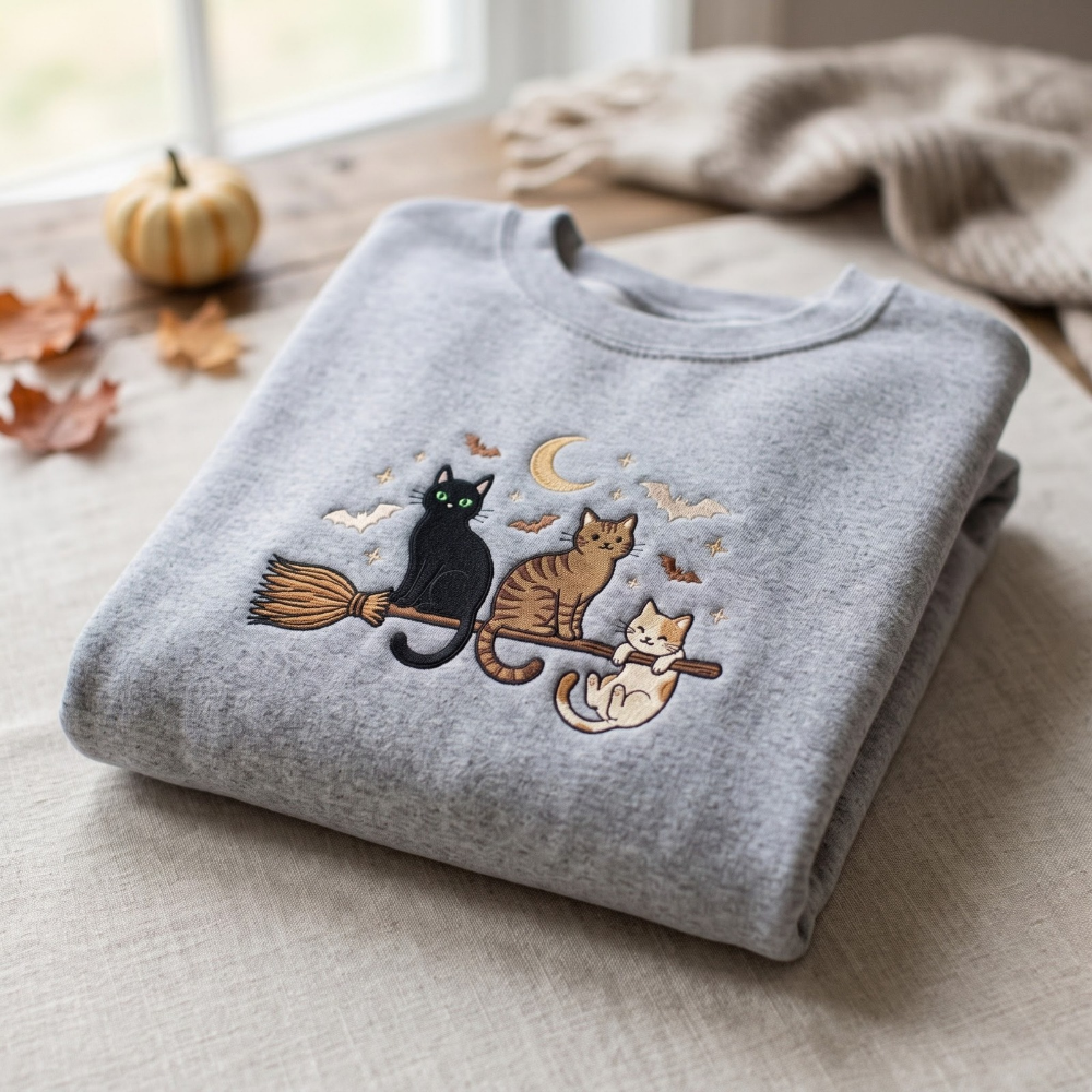 Three Cats Riding Witch Broom Crescent Moon Bats Halloween Embroidered Sweatshirt