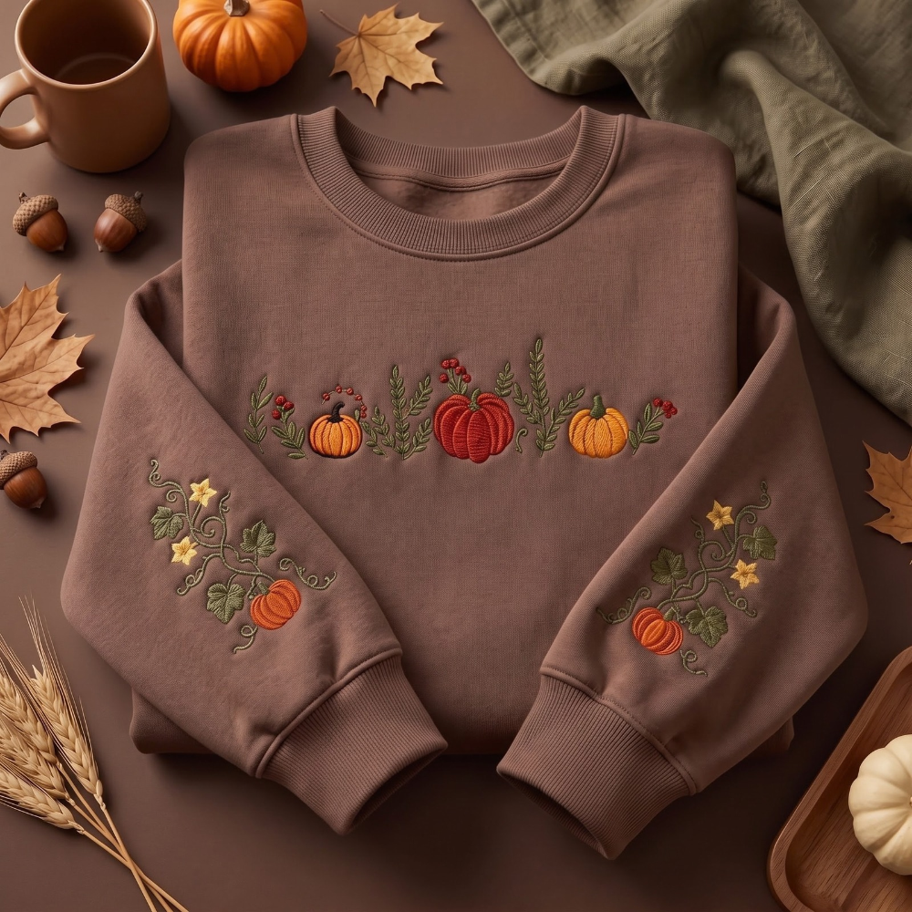 Pumpkin Season Four Pumpkins Vine Sleeves embroidered sweatshirt — front view
