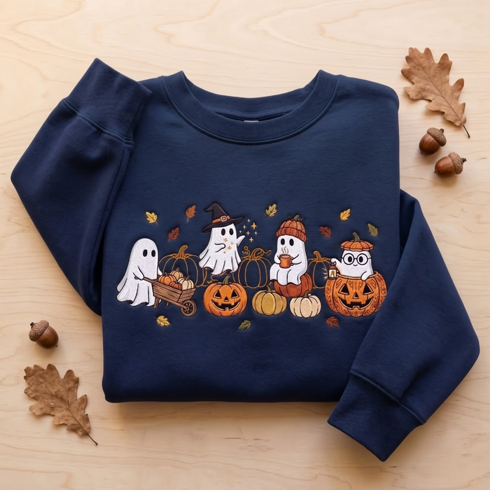 Ghosts Pumpkin Patch Witch Hat Coffee Wheelbarrow Fall Embroidered Sweatshirt