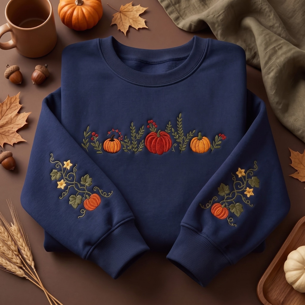 Pumpkin Season Four Pumpkins Vine Sleeves embroidered sweatshirt — front view