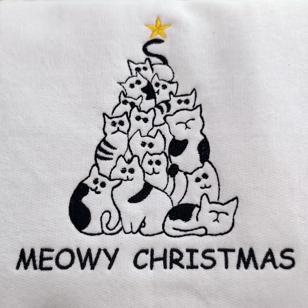 Personalized Meowy Christmas Cat Tree Stacked Cats Gold Star Embroidered Sweatshirt