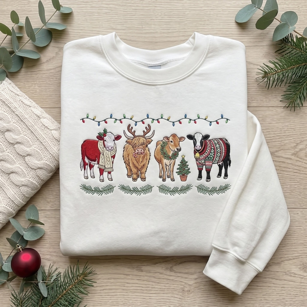 Christmas Cows Highland Cow Reindeer Antlers Ugly Sweater Lights Embroidered Sweatshirt
