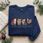 Christmas Cows Highland Cow Reindeer Antlers Ugly Sweater Lights Embroidered Sweatshirt