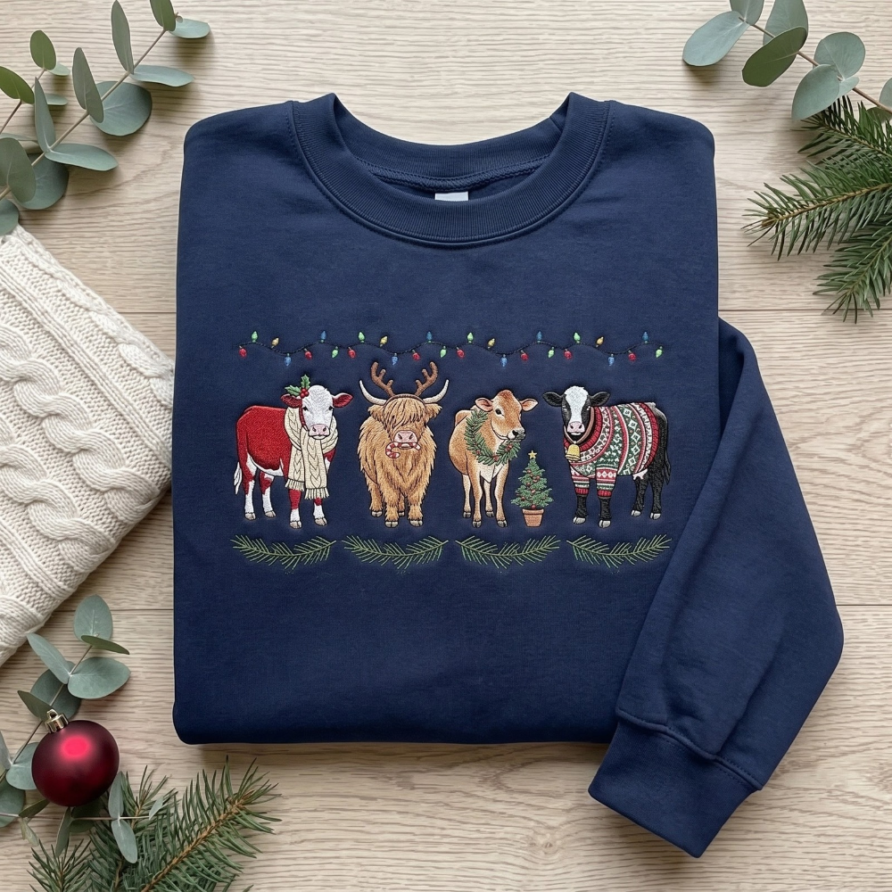 Christmas Cows Highland Cow Reindeer Antlers Ugly Sweater Lights Embroidered Sweatshirt