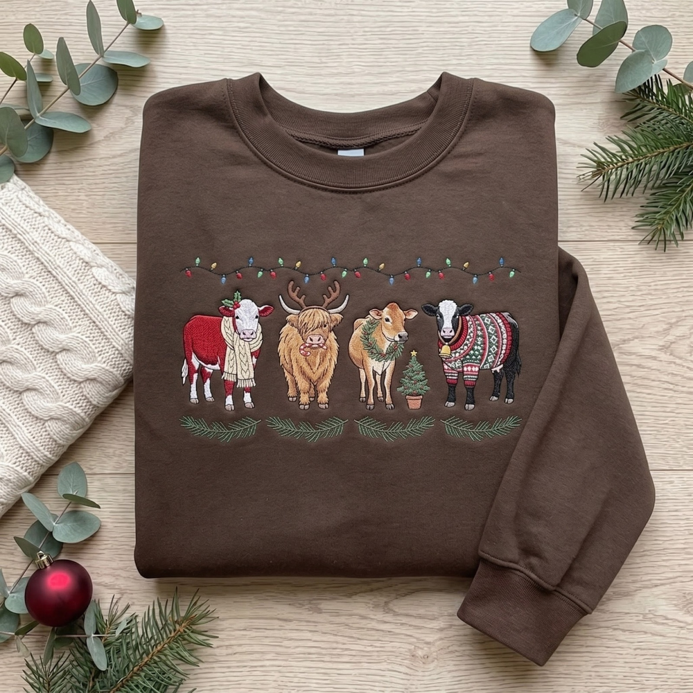 Christmas Cows Highland Cow Reindeer Antlers Ugly Sweater Lights Embroidered Sweatshirt