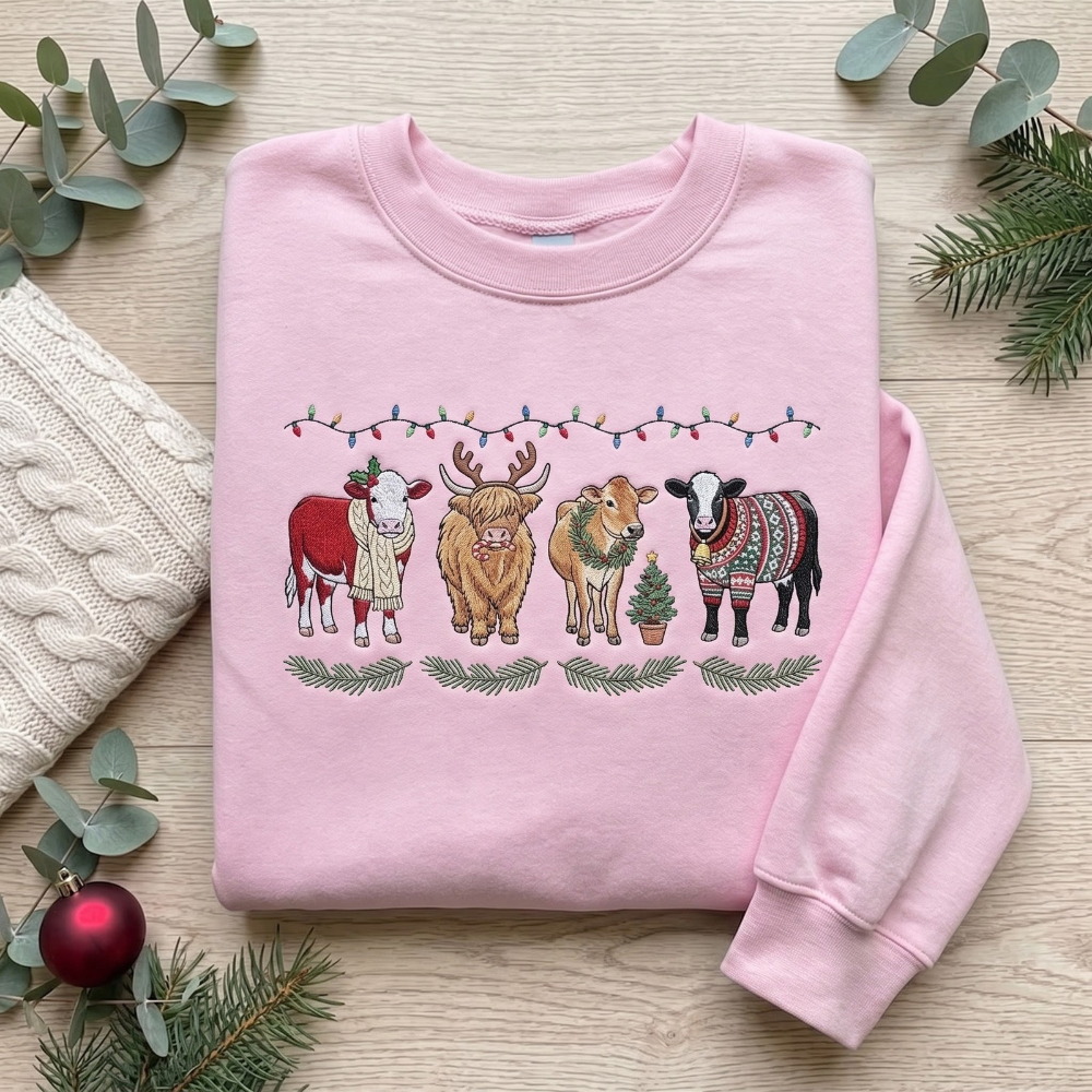 Christmas Cows Highland Cow Reindeer Antlers Ugly Sweater Lights Embroidered Sweatshirt