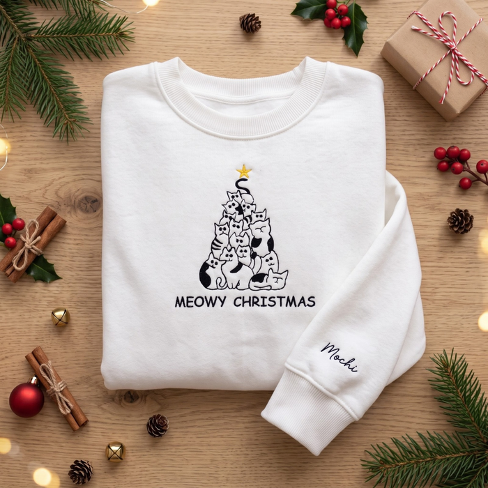 Personalized Meowy Christmas Cat Tree Stacked Cats Gold Star Embroidered Sweatshirt