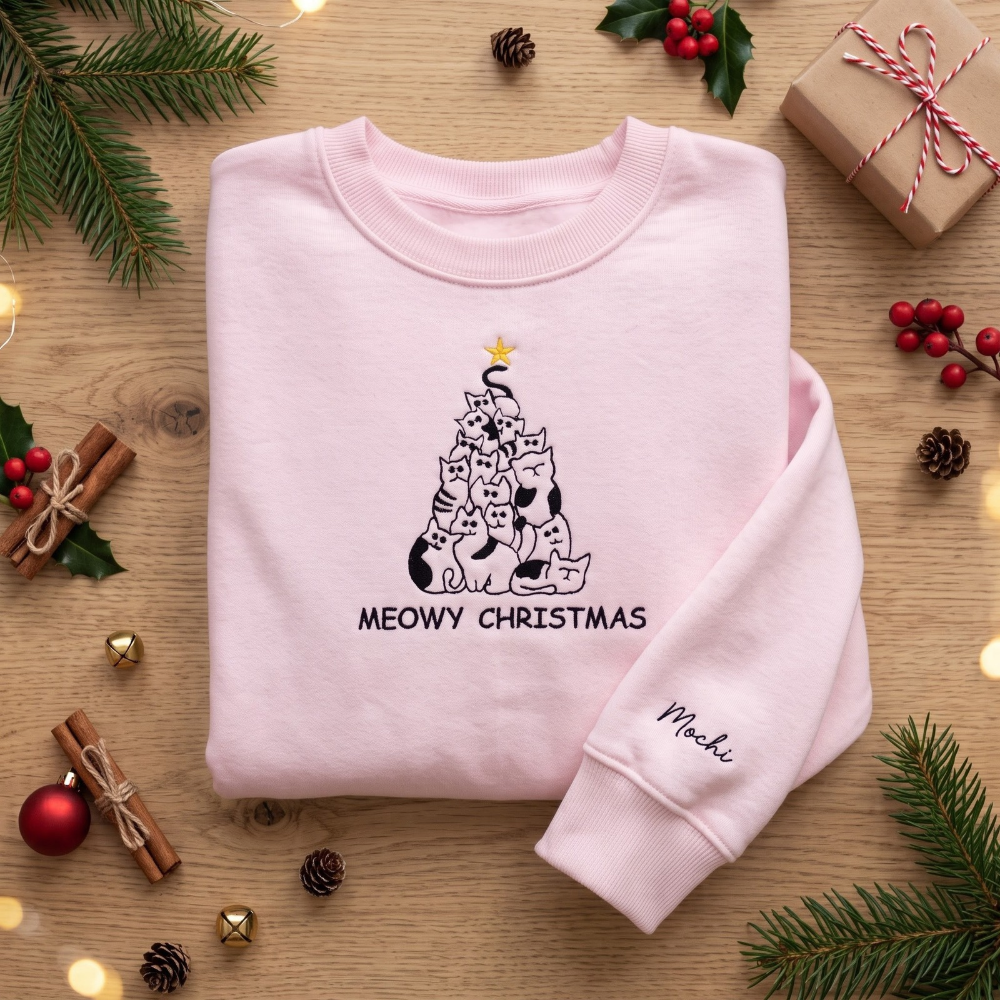 Personalized Meowy Christmas Cat Tree Stacked Cats Gold Star Embroidered Sweatshirt