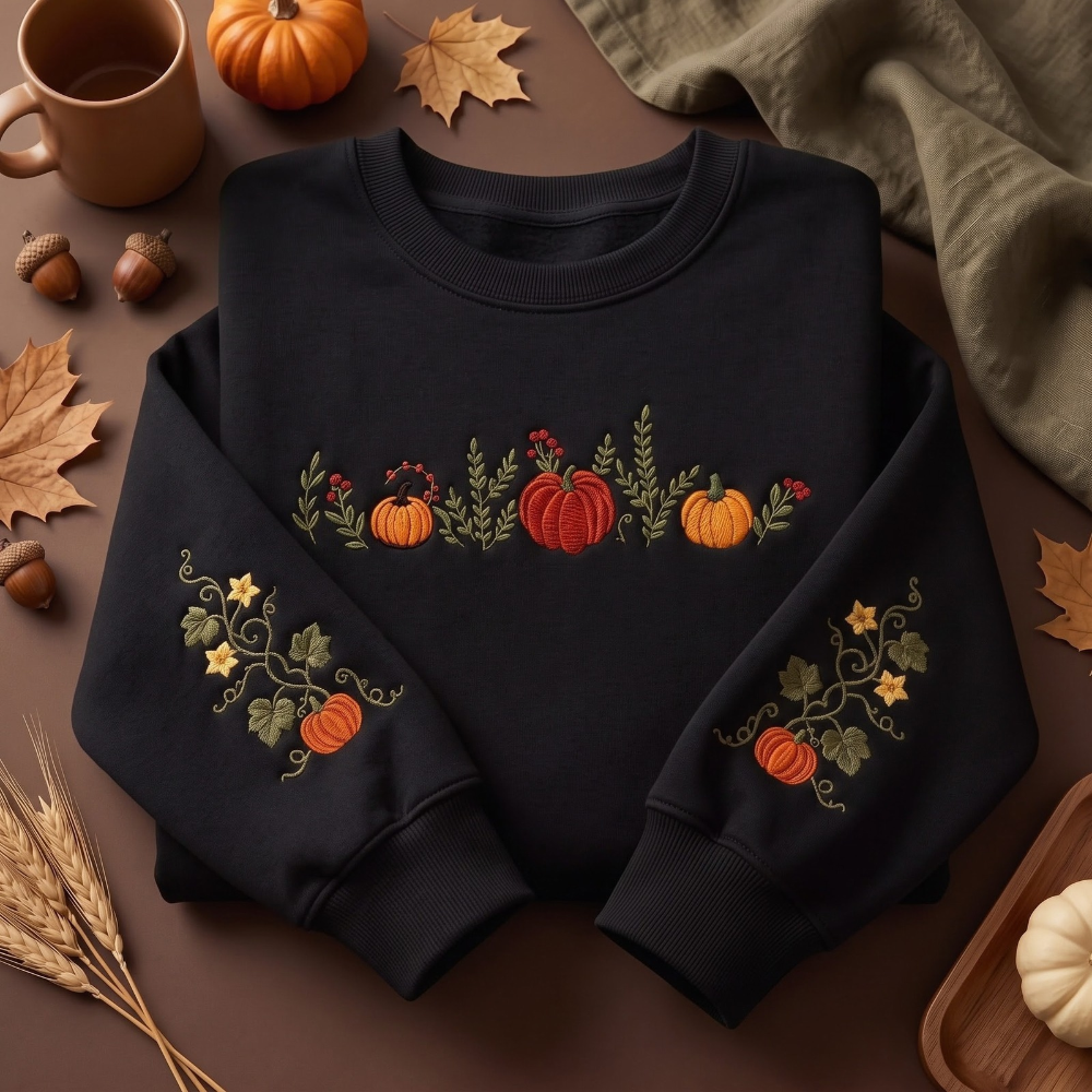 Pumpkin Season Four Pumpkins Vine Sleeves embroidered sweatshirt — front view