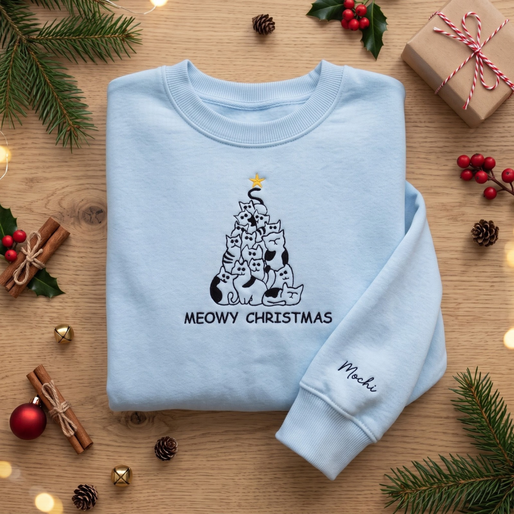 Personalized Meowy Christmas Cat Tree Stacked Cats Gold Star Embroidered Sweatshirt