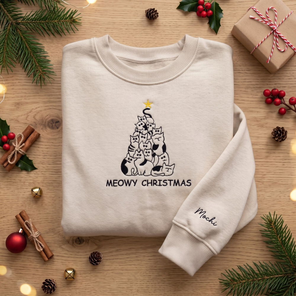 Personalized Meowy Christmas Cat Tree Stacked Cats Gold Star Embroidered Sweatshirt