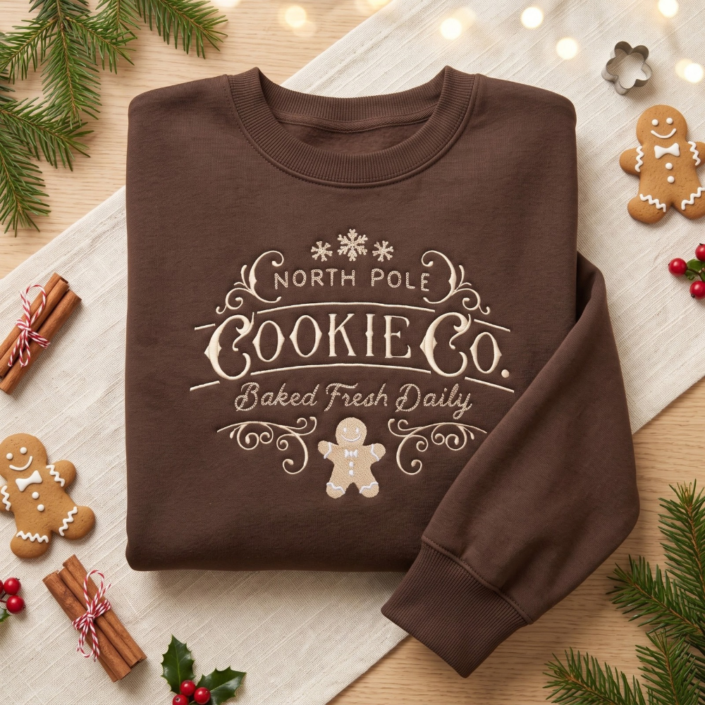 North Pole Cookie Co. Vintage Gingerbread Man Christmas embroidered sweatshirt — front view