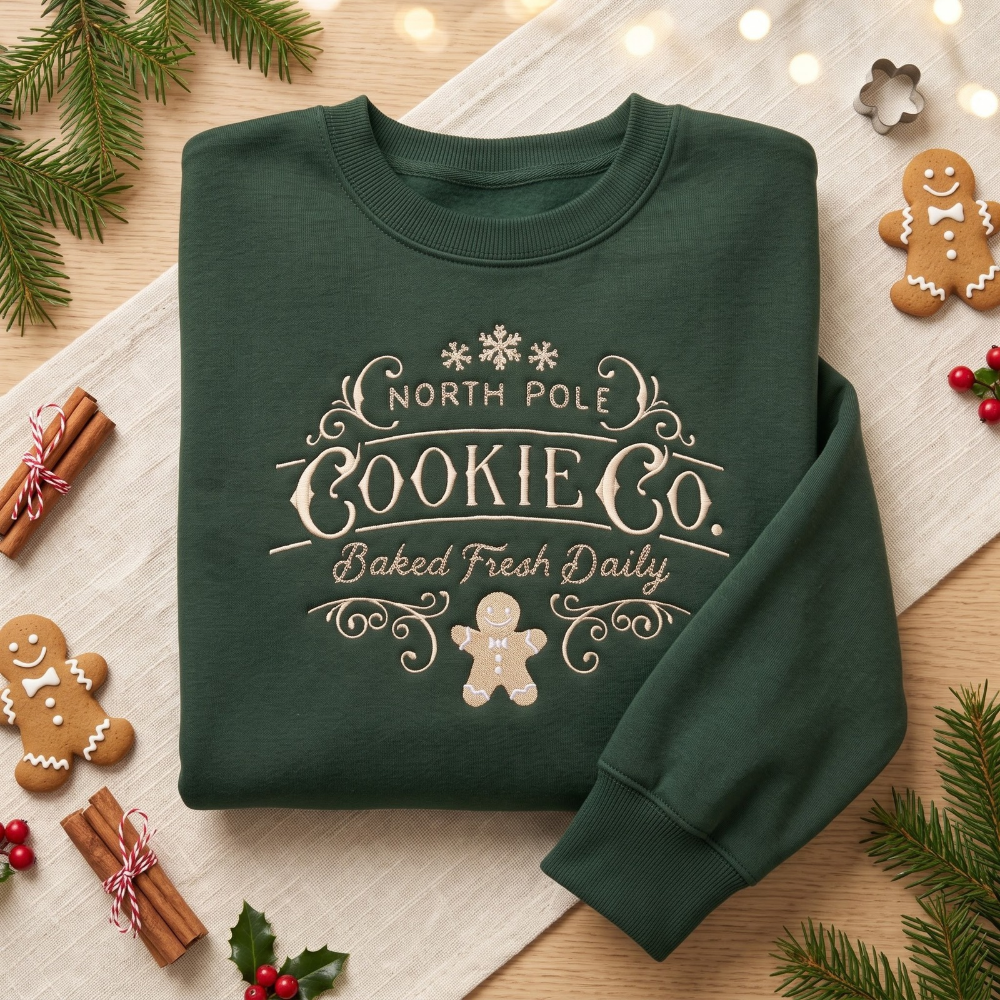 North Pole Cookie Co. Vintage Gingerbread Man Christmas embroidered sweatshirt — front view