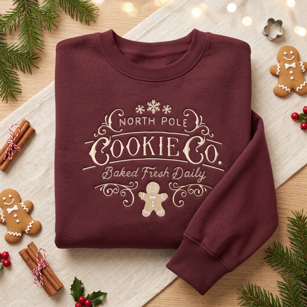 North Pole Cookie Co. Vintage Gingerbread Man Christmas embroidered sweatshirt — front view