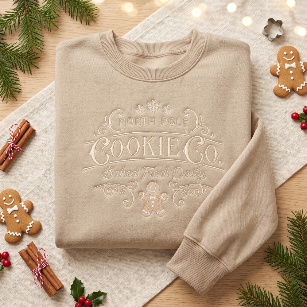 North Pole Cookie Co. Vintage Gingerbread Man Christmas embroidered sweatshirt — front view
