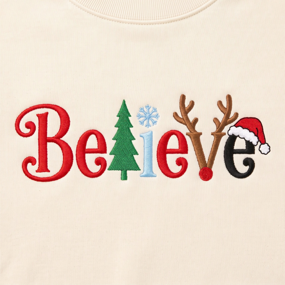 The Personalized Believe Christmas Tree Reindeer Antlers Santa Hat Embroidered Sweatshirt