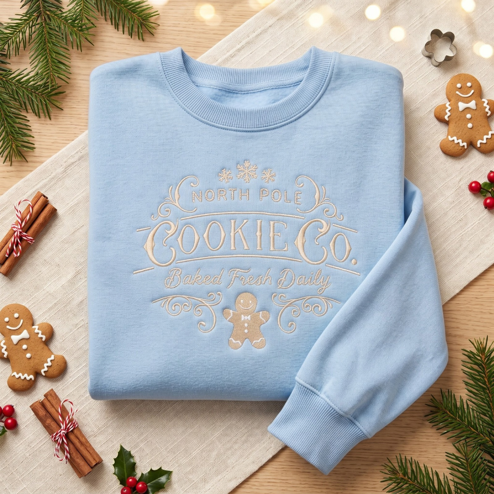 North Pole Cookie Co. Vintage Gingerbread Man Christmas embroidered sweatshirt — front view
