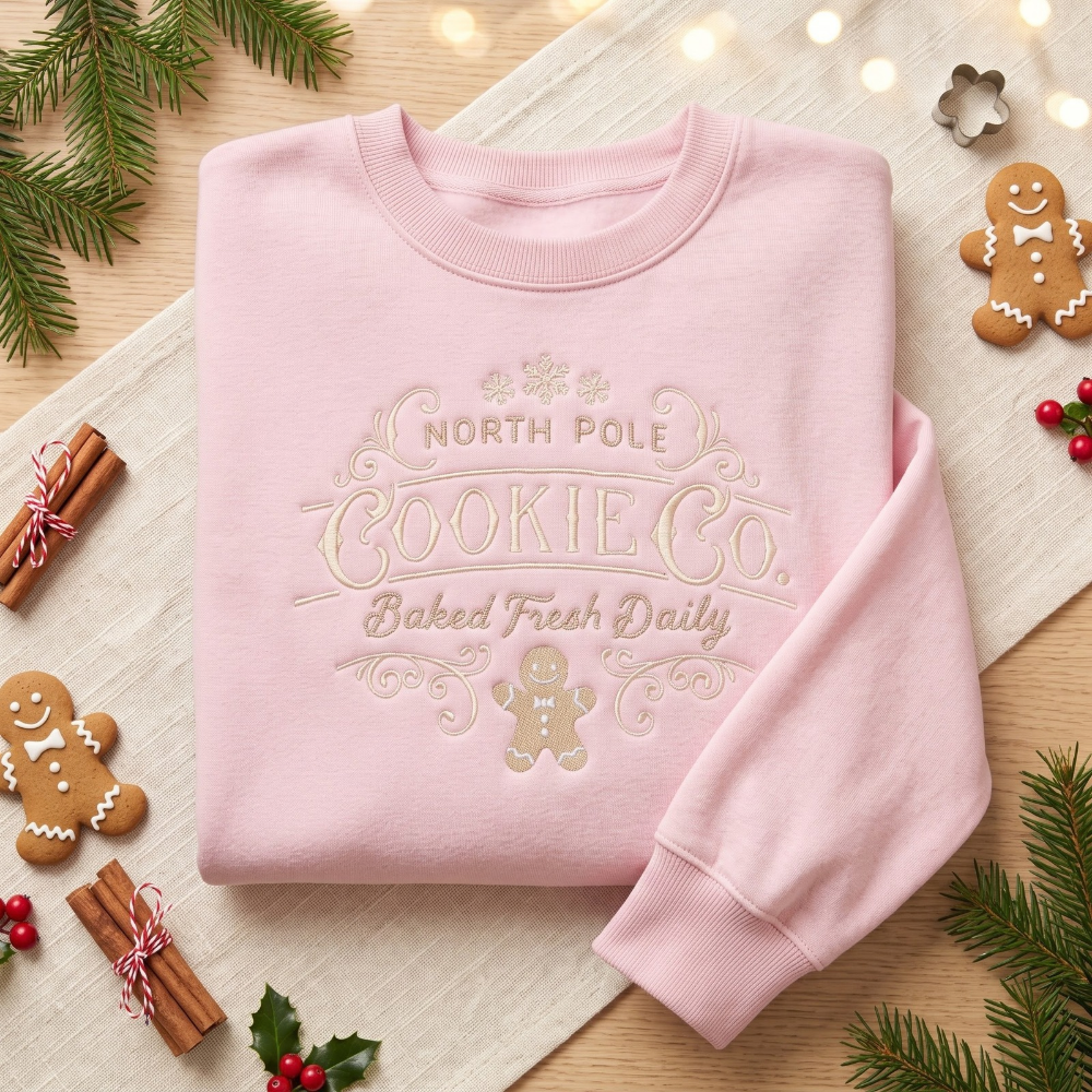 North Pole Cookie Co. Vintage Gingerbread Man Christmas embroidered sweatshirt — front view