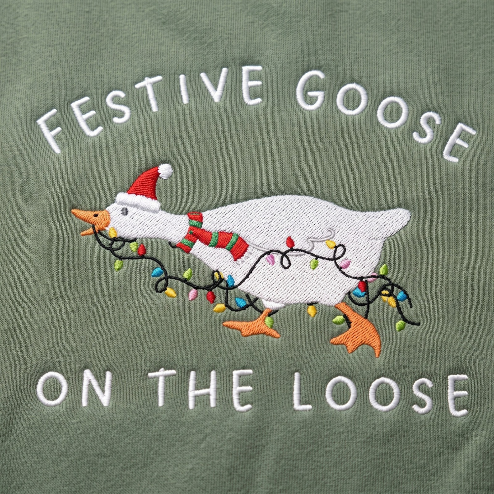 Festive Goose On The Loose Santa Hat Christmas Lights Funny Embroidered Sweatshirt