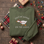 Festive Goose On The Loose Santa Hat Christmas Lights Funny Embroidered Sweatshirt