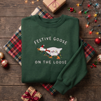 Festive Goose On The Loose Santa Hat Christmas Lights Funny Embroidered Sweatshirt