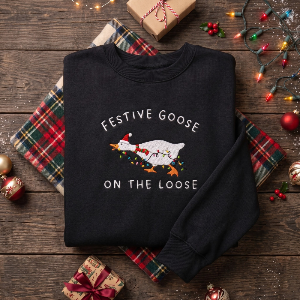 Festive Goose On The Loose Santa Hat Christmas Lights Funny Embroidered Sweatshirt
