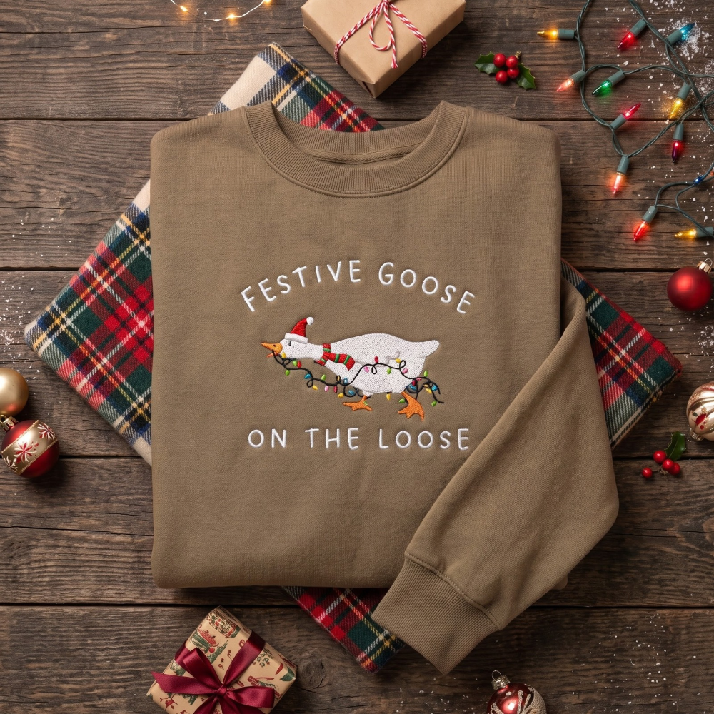 Festive Goose On The Loose Santa Hat Christmas Lights Funny Embroidered Sweatshirt