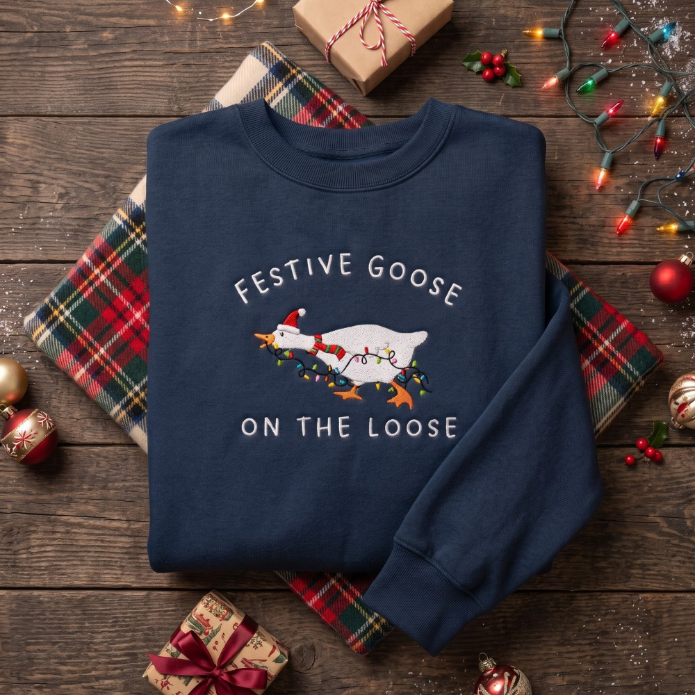 Festive Goose On The Loose Santa Hat Christmas Lights Funny Embroidered Sweatshirt