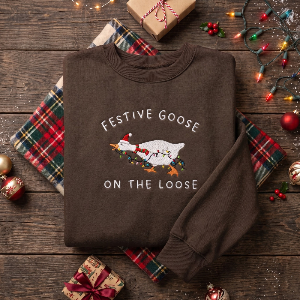 Festive Goose On The Loose Santa Hat Christmas Lights Funny Embroidered Sweatshirt