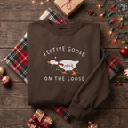 Festive Goose On The Loose Santa Hat Christmas Lights Funny Embroidered Sweatshirt