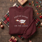 Festive Goose On The Loose Santa Hat Christmas Lights Funny Embroidered Sweatshirt