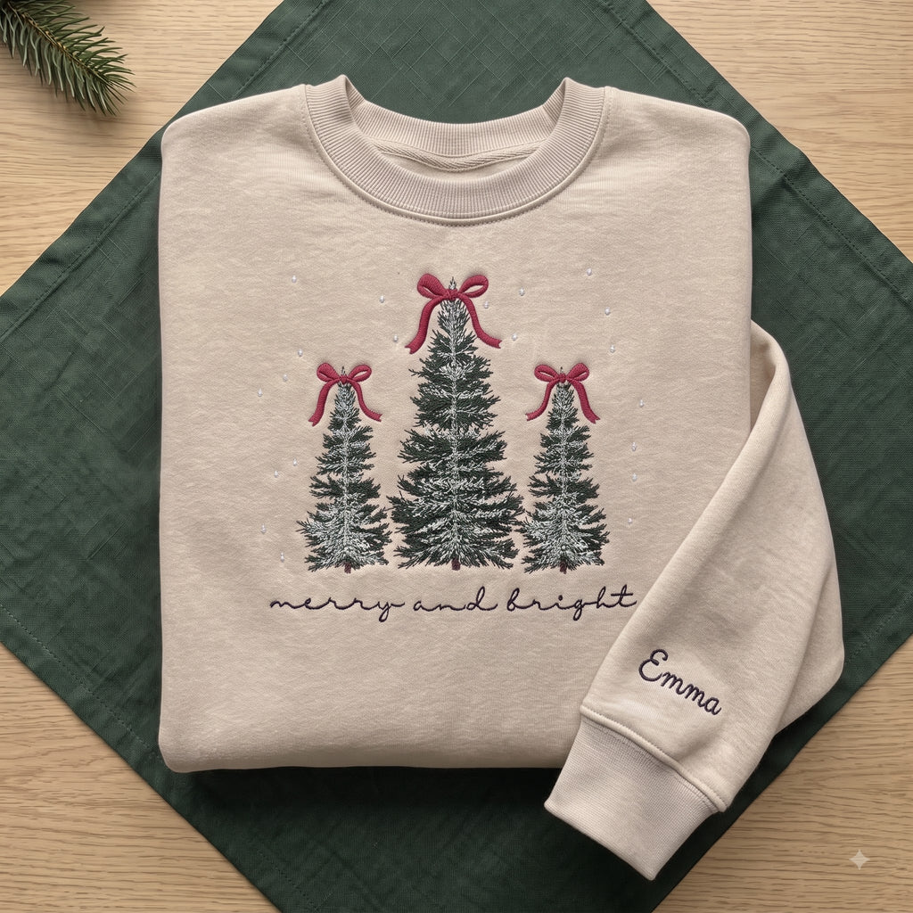 The Personalized Merry And Bright Frosted Christmas Trees Red Bows Embroidered Sweatshirt