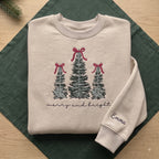 The Personalized Merry And Bright Frosted Christmas Trees Red Bows Embroidered Sweatshirt