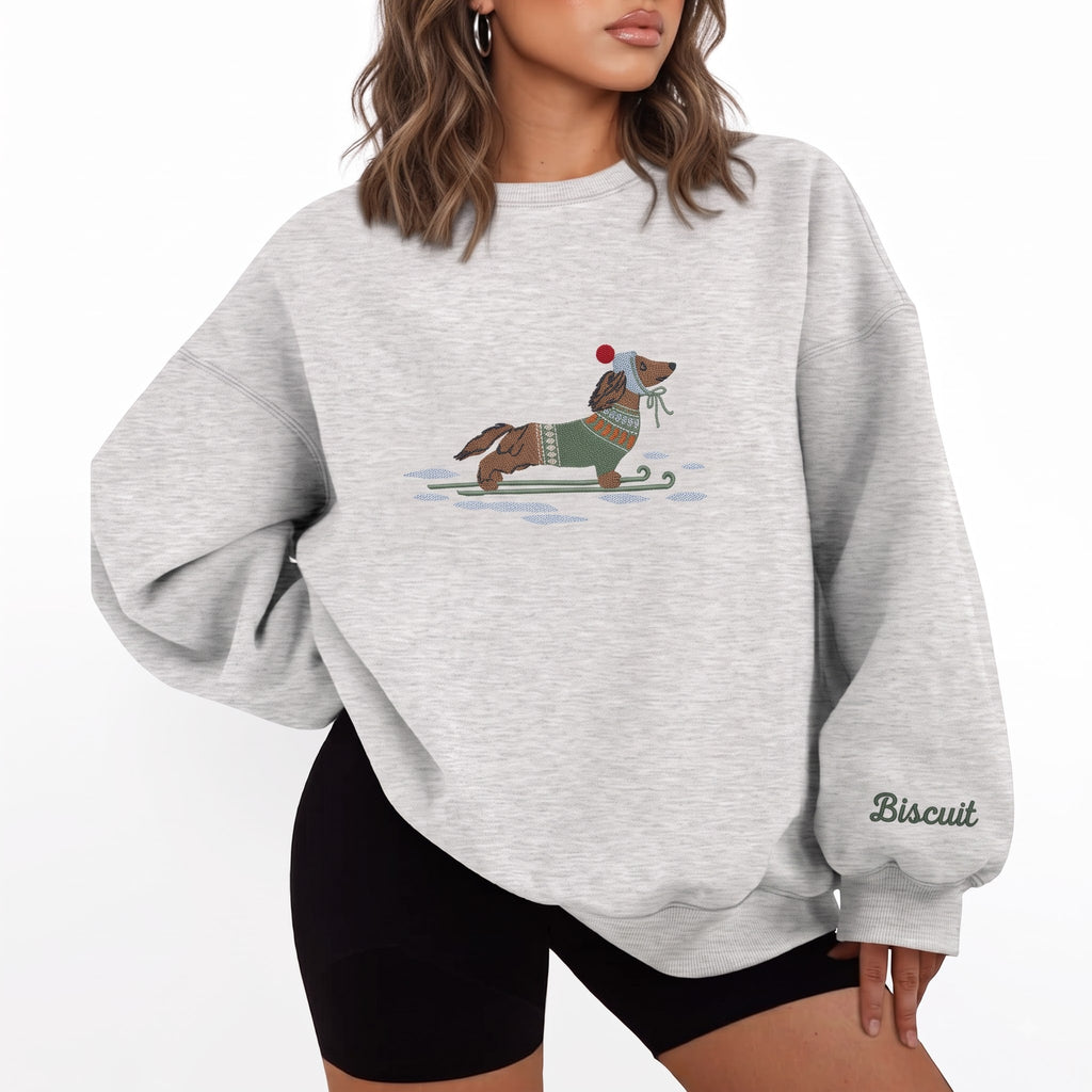 The Personalized Dachshund Skiing Fair Isle Sweater Winter Beanie embroidered sweatshirt — front view