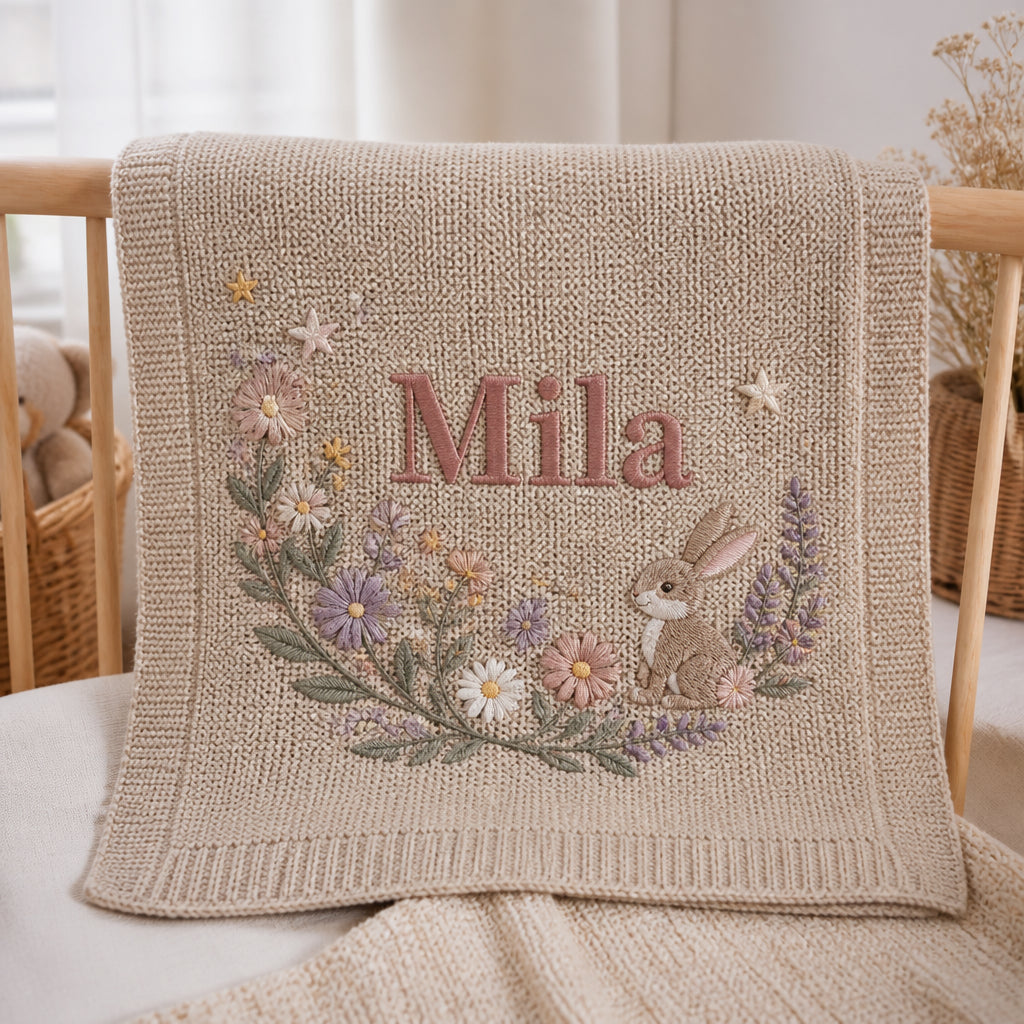 Personalized Baby Name Blanket Floral Crescent Bunny Keepsake Gift Embroidered Baby Blanket — Sand blanket