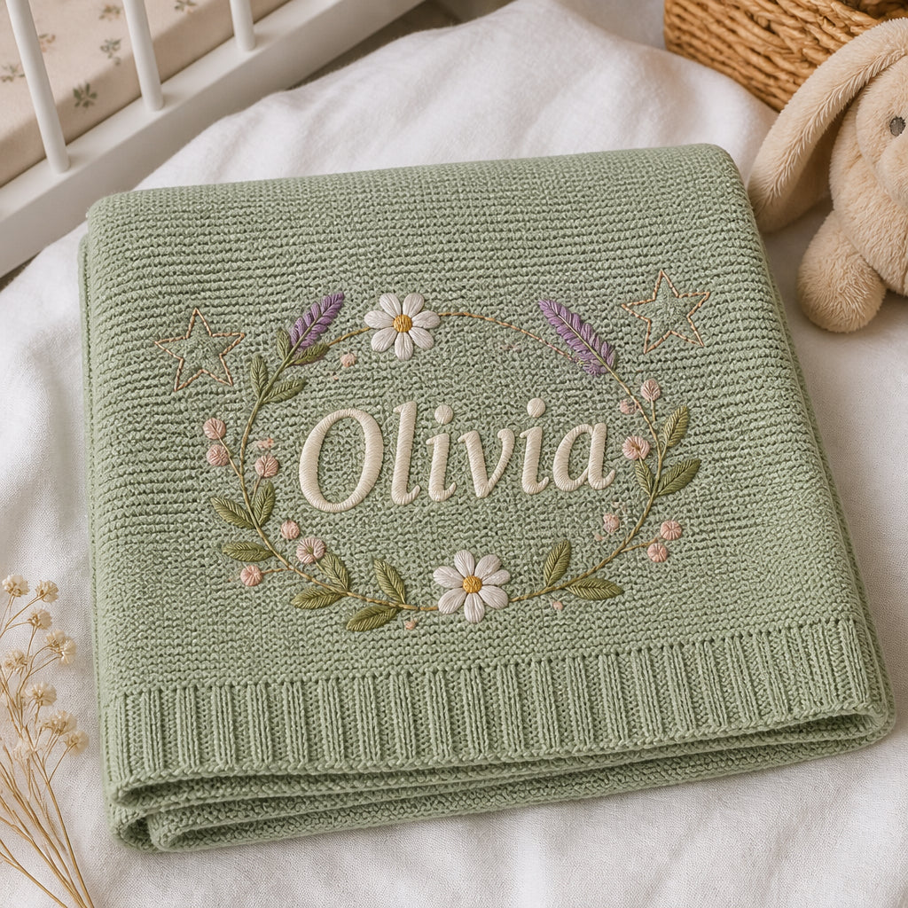 Personalized Baby Blanket Name Wildflower Wreath Embroidered Baby Blanket — Sage Green blanket