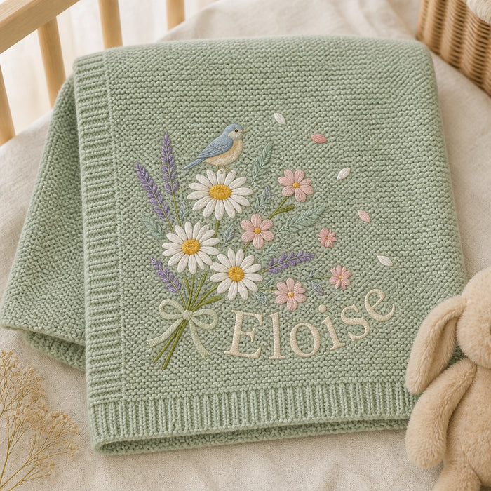 Personalized Baby Girl Knit Blanket Wildflower Bouquet Newborn Gift Embroidered Baby Blanket