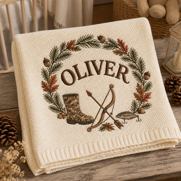 Personalized Baby Blanket Hunting Wreath Wilderness Newborn Gift Embroidered Baby Blanket