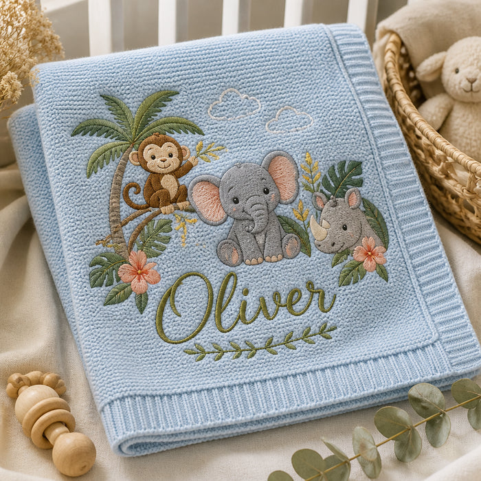 Personalized Baby Blanket Safari Animals Jungle Newborn Gift Embroidered Baby Blanket