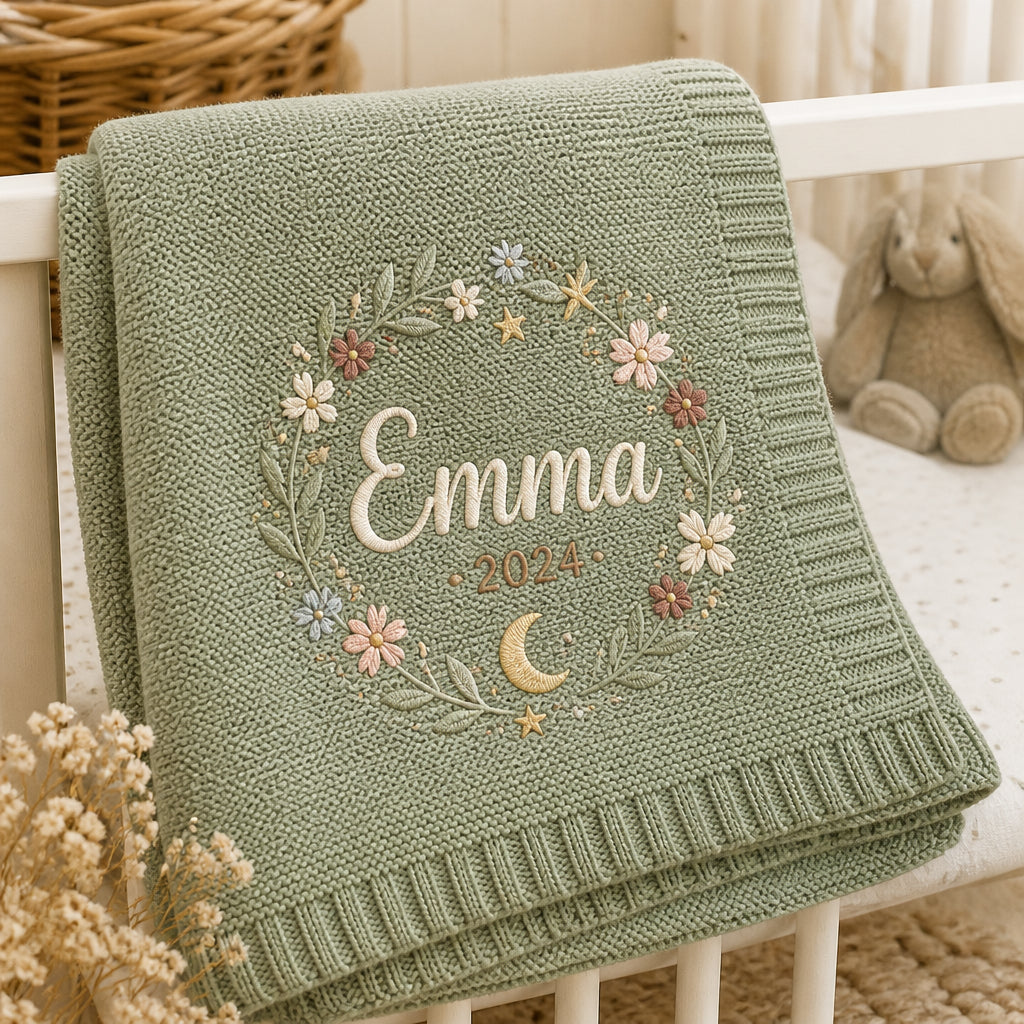 Personalized Baby Name Knit Blanket Newborn Keepsake Gift Embroidered Baby Blanket — Sage Green blanket