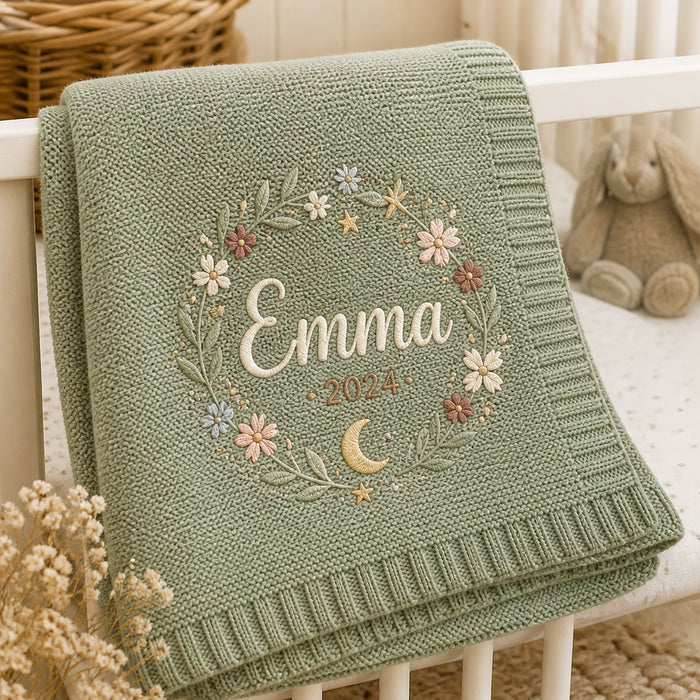 Personalized Baby Name Knit Blanket Newborn Keepsake Gift Embroidered Baby Blanket