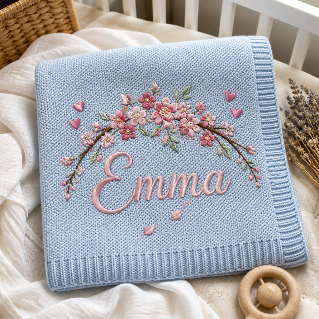 Personalized Baby Knit Blanket Custom Name Cherry Blossom Newborn Gift Embroidered Baby Blanket — Light Blue blanket