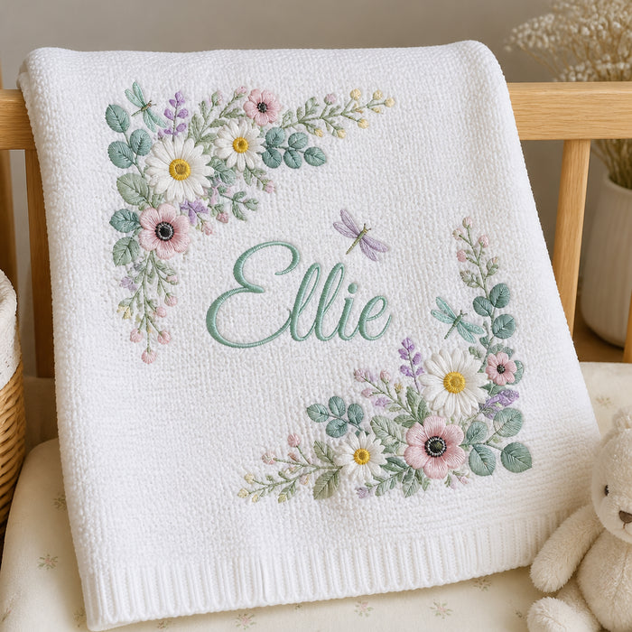 Personalized Wildflower Corner Spray Knit Baby Blanket Newborn Gift Embroidered Baby Blanket