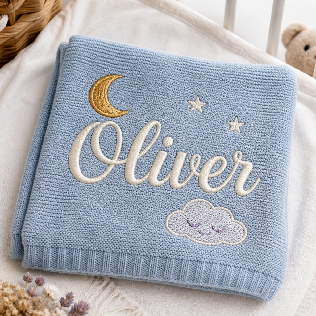Personalized Baby Name Knit Cotton Blanket Newborn Nursery Gift Embroidered Baby Blanket — Light Blue blanket