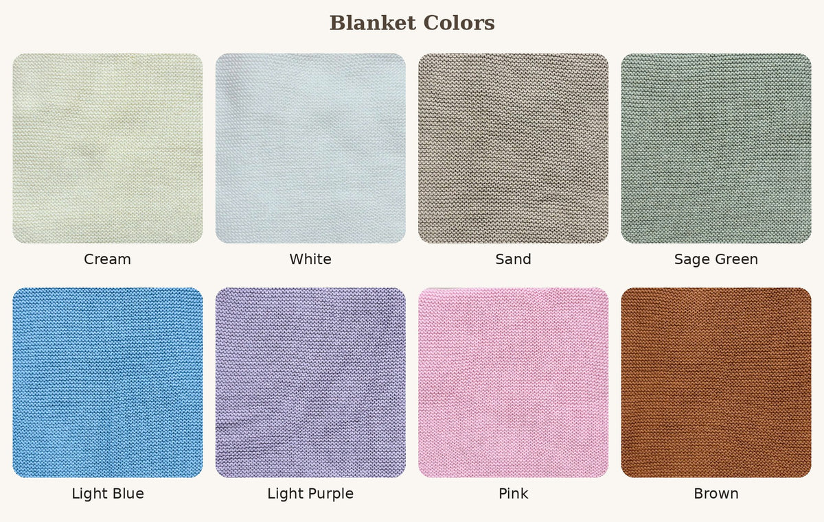 Baby blanket color options: Cream, White, Sand, Sage Green, Light Blue, Light Purple, Pink, Brown