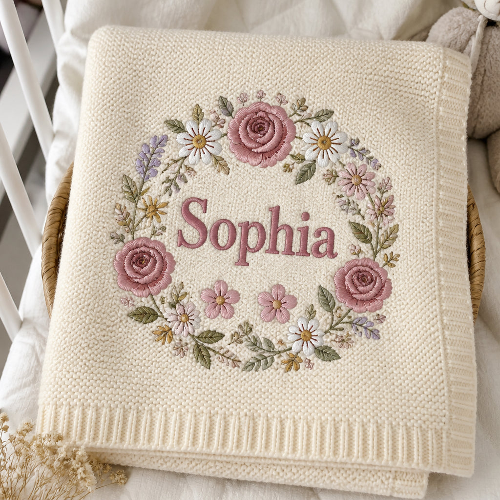 Personalized Baby Girl Name Blanket Floral Wreath Newborn Gift Embroidered Baby Blanket — Cream blanket