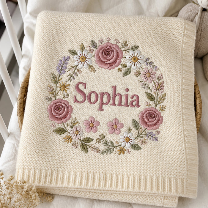 Personalized Baby Girl Name Blanket Floral Wreath Newborn Gift Embroidered Baby Blanket