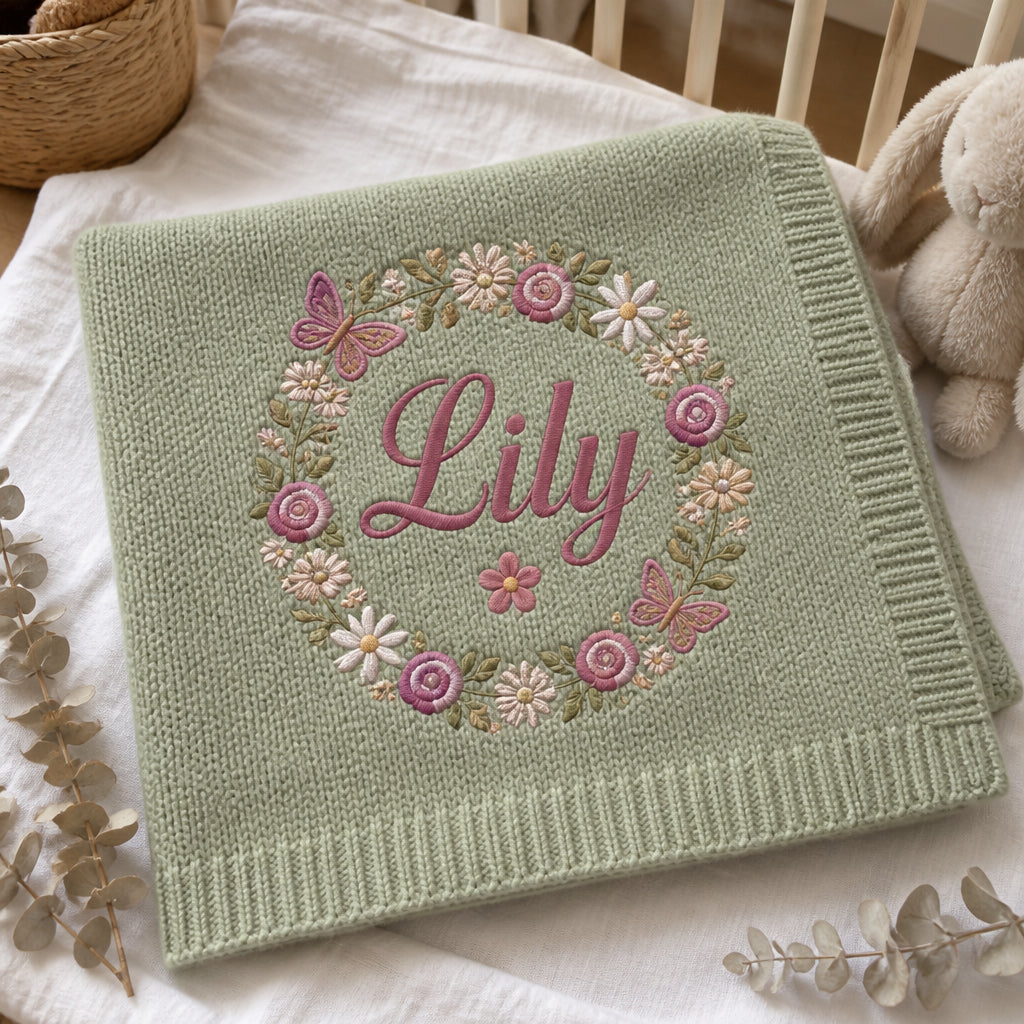 Personalized Baby Name Knit Blanket Floral Wreath Newborn Gift Embroidered Baby Blanket — Sage Green blanket