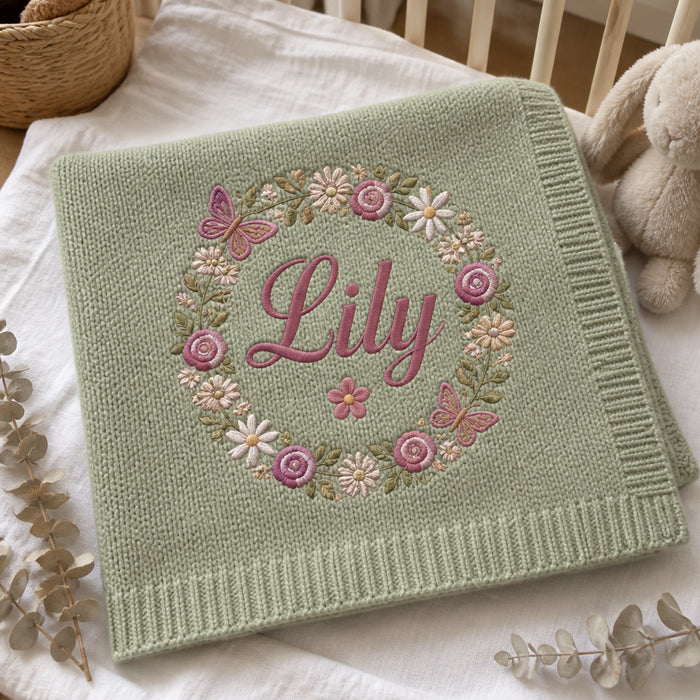Personalized Baby Name Knit Blanket Floral Wreath Newborn Gift Embroidered Baby Blanket